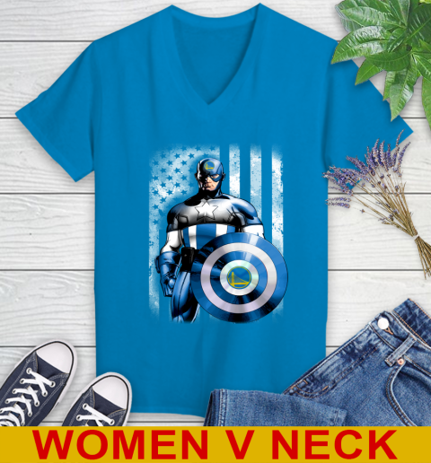 Golden State Warriors NBA Basketball Captain America Marvel Avengers American Flag Shirt Women's V-Neck T-Shirt 7