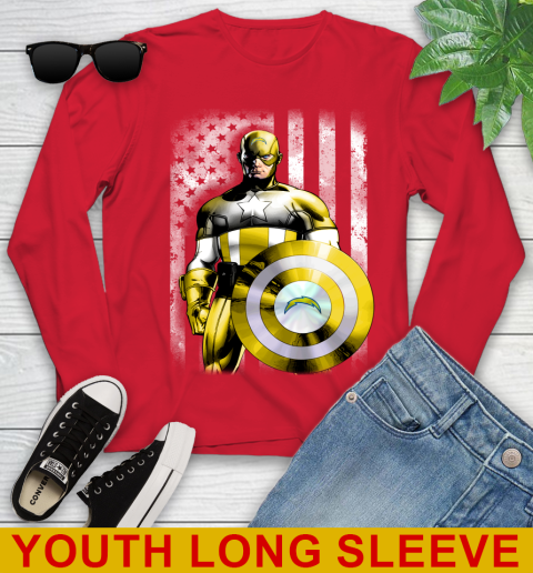 Los Angeles Chargers NFL Football Captain America Marvel Avengers American Flag Shirt Youth Long Sleeve 11