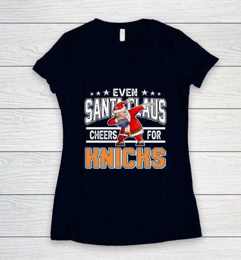 New York Knicks Even Santa Claus Cheers For Christmas NBA Women's V-Neck T-Shirt 2
