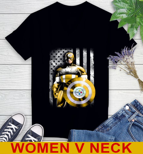 Pittsburgh Steelers NFL Football Captain America Marvel Avengers American Flag Shirt Women's V-Neck T-Shirt