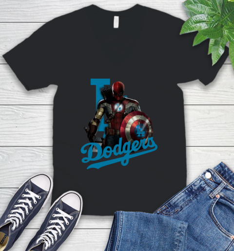 MLB Captain America Thor Spider Man Hawkeye Avengers Endgame Baseball Los Angeles Dodgers V-Neck T-Shirt 2