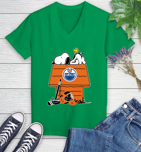 Edmonton Oilers NHL Hockey Snoopy Woodstock The Peanuts Movie Women's V-Neck T-Shirt 5