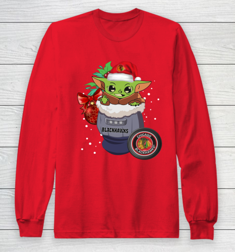 Chicago Blackhawks Christmas Baby Yoda Star Wars Funny Happy NHL Long Sleeve T-Shirt 10
