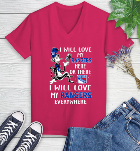 NHL Hockey New York Rangers I Will Love My Rangers Everywhere Dr Seuss Shirt Women's V-Neck T-Shirt 7