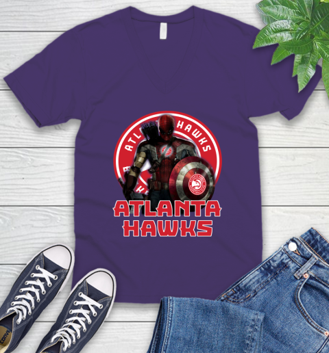 Atlanta Hawks NBA Basketball Captain America Thor Spider Man Hawkeye Avengers V-Neck T-Shirt 10