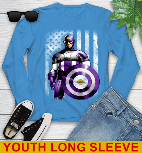 Los Angeles Lakers NBA Basketball Captain America Marvel Avengers American Flag Shirt Youth Long Sleeve 8