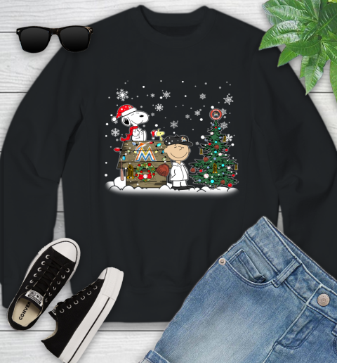 MLB Miami Marlins Snoopy Charlie Brown Christmas Baseball Commissioner's Trophy Youth Sweatshirt