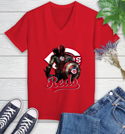 MLB Captain America Thor Spider Man Hawkeye Avengers Endgame Baseball Cincinnati Reds Women's V-Neck T-Shirt 12