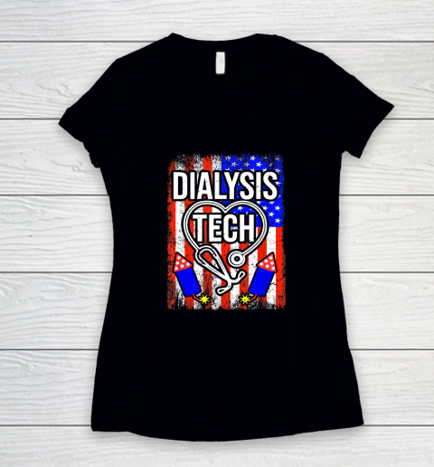 Dialysis Tech 4th Of July American Flag Stethoscope Sparkler Women's V-Neck T-Shirt