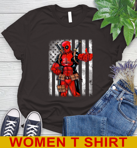 NBA Basketball Houston Rockets Deadpool American Flag Shirt Women's T-Shirt - Image 10