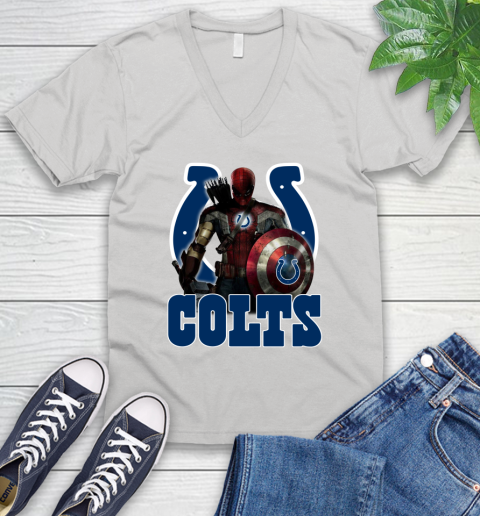 NFL Captain America Thor Spider Man Hawkeye Avengers Endgame Football Indianapolis Colts V-Neck T-Shirt