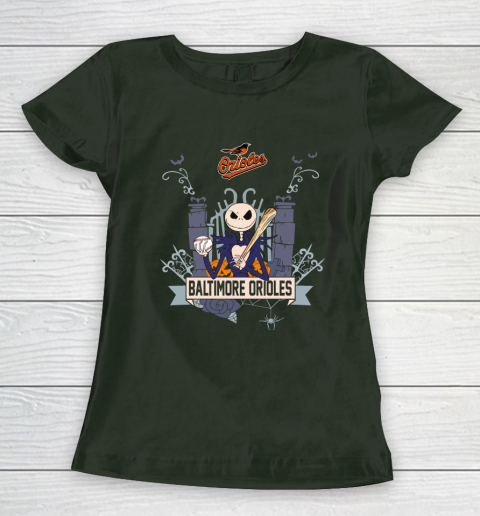 MLB Baltimore Orioles Baseball Jack Skellington Halloween Women's T-Shirt 4