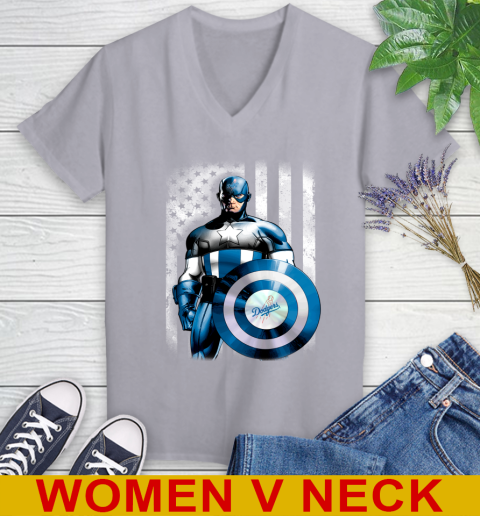 Los Angeles Dodgers MLB Baseball Captain America Marvel Avengers American Flag Shirt Women's V-Neck T-Shirt 4