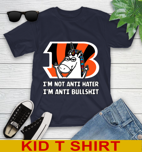 Cincinnati Bengals NFL Football Unicorn I'm Not Anti Hater I'm Anti Bullshit Youth T-Shirt 3