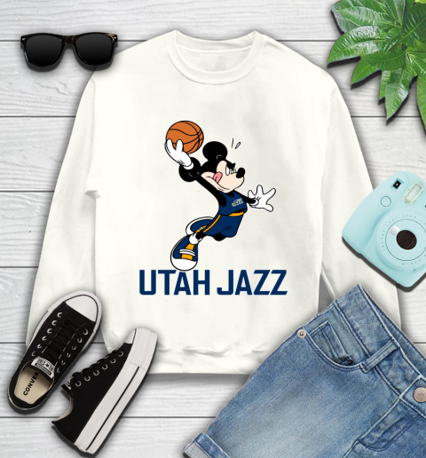 NBA Basketball Utah Jazz Cheerful Mickey Mouse Shirt Youth Sweatshirt 2