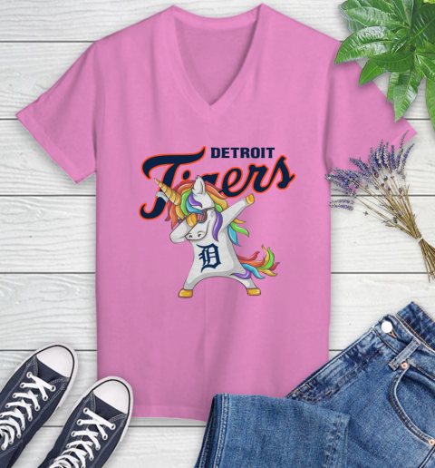 Detroit Tigers MLB Baseball Funny Unicorn Dabbing Sports Women's V-Neck T-Shirt 14