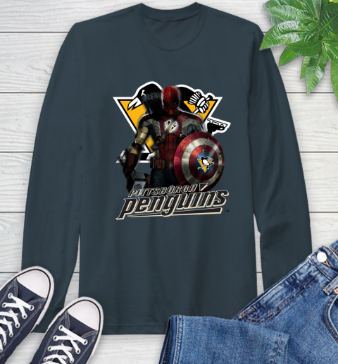 NHL Captain America Thor Spider Man Hawkeye Avengers Endgame Hockey Pittsburgh Penguins Long Sleeve T-Shirt 8