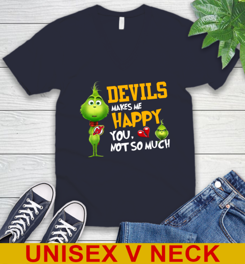 NHL New Jersey Devils Makes Me Happy You Not So Much Grinch Hockey Sports V-Neck T-Shirt 2
