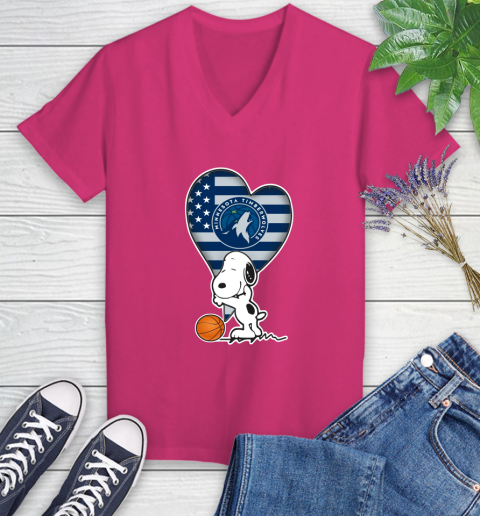 Minnesota Timberwolves NBA Basketball The Peanuts Movie Adorable Snoopy Women's V-Neck T-Shirt 9