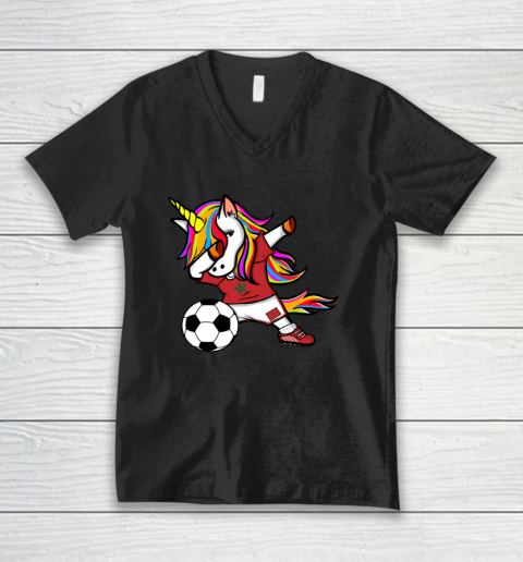 Funny Dabbing Unicorn Morocco Football Moroccan Flag Soccer V-Neck T-Shirt