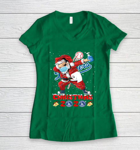 Los Angeles Dodgers Funny Santa Claus Dabbing Christmas 2020 MLB Women's V-Neck T-Shirt 3