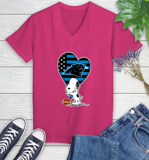 Carolina Panthers NFL Football The Peanuts Movie Adorable Snoopy Women's V-Neck T-Shirt 9
