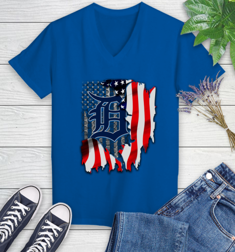 Detroit Tigers MLB Baseball American Flag Women's V-Neck T-Shirt 10