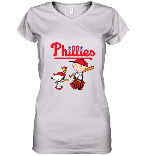 Philadelphia Phillies Let's Play Baseball Together Snoopy MLB Women's V-Neck T-Shirt