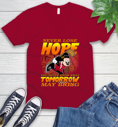 Chicago Blackhawks NHL Hockey ootball Mickey Disney Never Lose Hope V-Neck T-Shirt 7