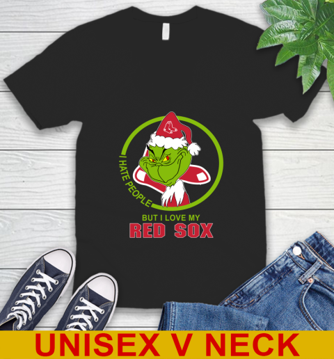 Boston Red Sox MLB Christmas Grinch I Hate People But I Love My Favorite Baseball Team V-Neck T-Shirt 2