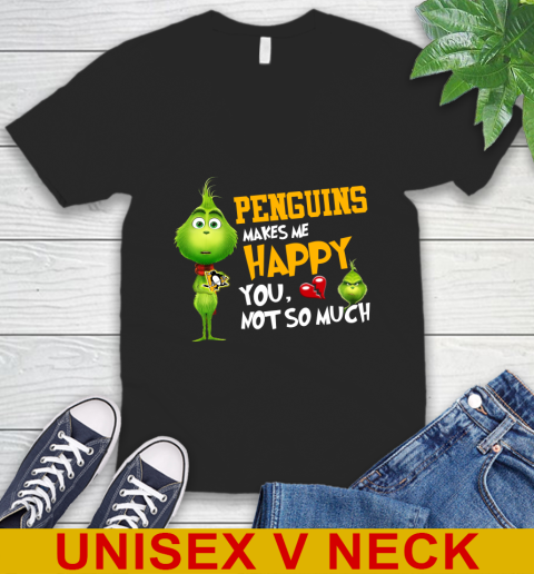 NHL Pittsburgh Penguins Makes Me Happy You Not So Much Grinch Hockey Sports V-Neck T-Shirt
