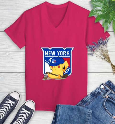 NHL Pikachu Hockey Sports New York Rangers Women's V-Neck T-Shirt 9