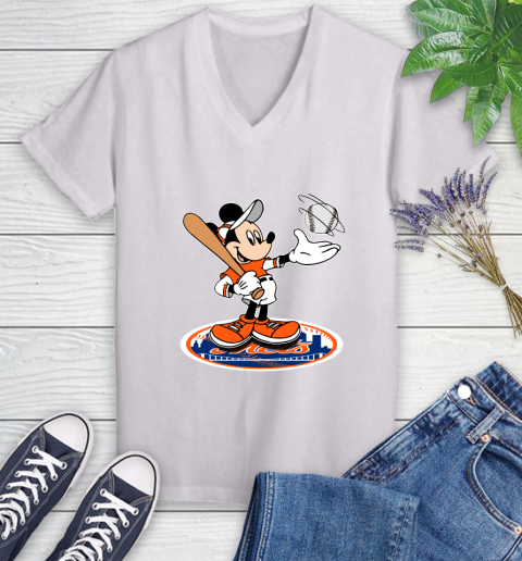 MLB Baseball New York Mets Cheerful Mickey Disney Shirt Women's V-Neck T-Shirt 2
