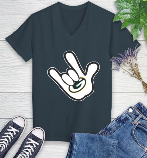 Green Bay Packers NFL Football Mickey Rock Hand Disney Women's V-Neck T-Shirt 9 Green Bay Packers NFL Football Mickey Rock Hand Disney Women's V-Neck T-Shirt - Image 9