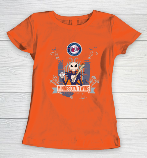 MLB Minnesota Twins Baseball Jack Skellington Halloween Women's T-Shirt 3