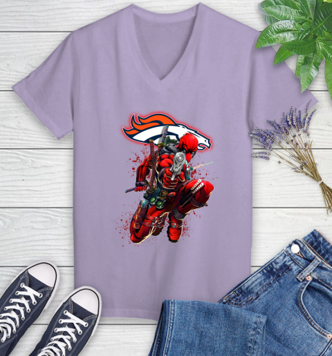 NFL Deadpool Marvel Comics Sports Football Denver Broncos Women's V-Neck T-Shirt 14