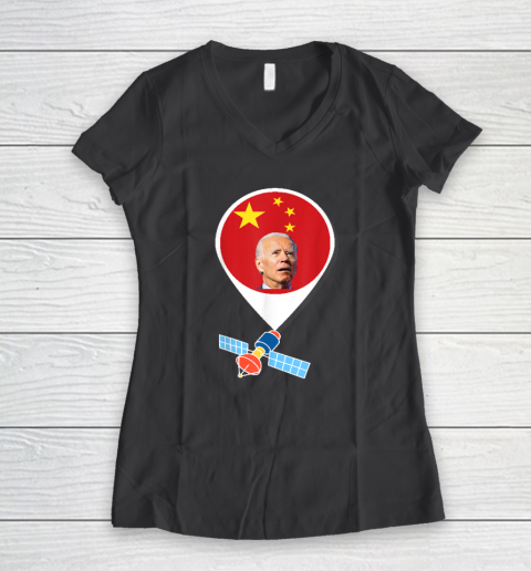 Chinese Spy Balloon Funny Surveillance Joe Biden China Flag Women's V-Neck T-Shirt 4