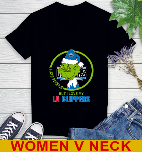 LA Clippers NBA Christmas Grinch I Hate People But I Love My Favorite Basketball Team Women's V-Neck T-Shirt 2