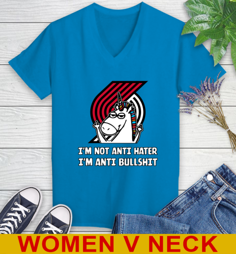 Portland Trail Blazers NBA Basketball Unicorn I'm Not Anti Hater I'm Anti Bullshit Women's V-Neck T-Shirt 8