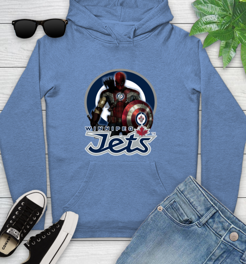 NHL Captain America Thor Spider Man Hawkeye Avengers Endgame Hockey Winnipeg Jets Youth Hoodie 12