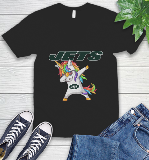New York Jets NFL Football Funny Unicorn Dabbing Sports V-Neck T-Shirt 2