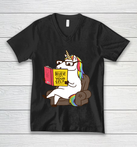 Unicorn Shirt Believe in Yourself Motivational Book Lover V-Neck T-Shirt