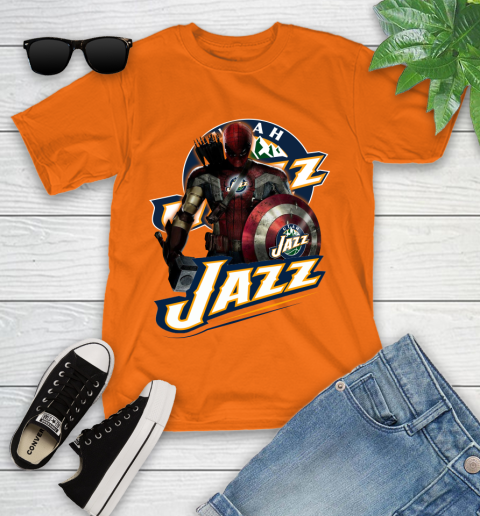 Utah Jazz NBA Basketball Captain America Thor Spider Man Hawkeye Avengers Youth T-Shirt 7