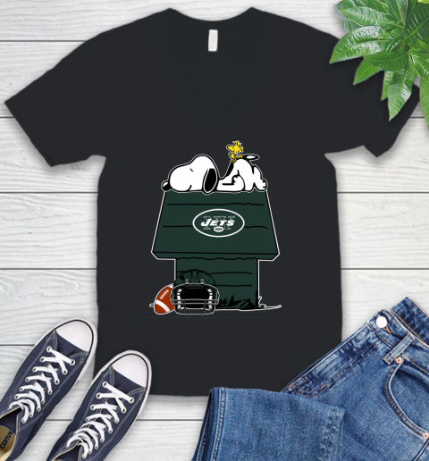 New York Jets NFL Football Snoopy Woodstock The Peanuts Movie V-Neck T-Shirt 2