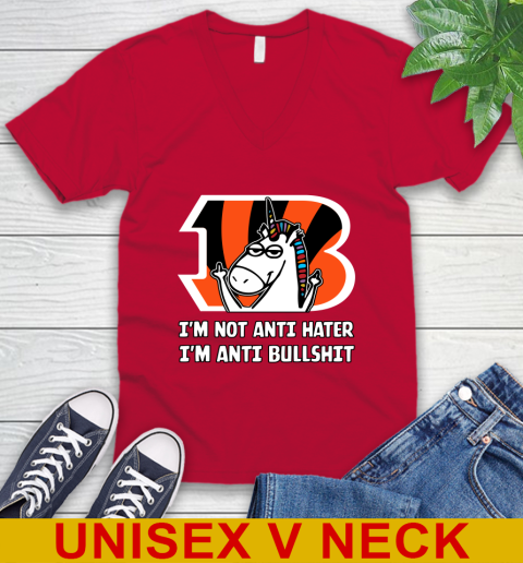 Cincinnati Bengals NFL Football Unicorn I'm Not Anti Hater I'm Anti Bullshit V-Neck T-Shirt 7