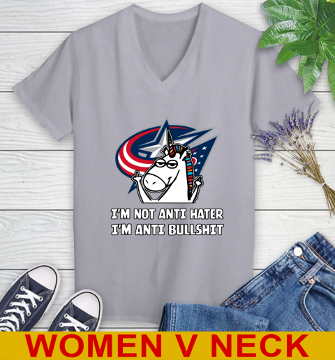 Columbus Blue Jackets NHL Hockey Unicorn I'm Not Anti Hater I'm Anti Bullshit Women's V-Neck T-Shirt 5