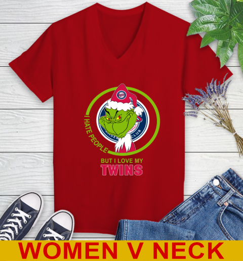 Minnesota Twins MLB Christmas Grinch I Hate People But I Love My Favorite Baseball Team Women's V-Neck T-Shirt 12