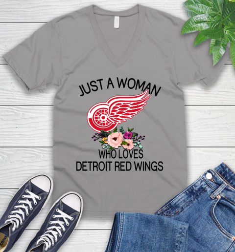NHL Just A Woman Who Loves Detroit Red Wings Hockey Sports V-Neck T-Shirt 2