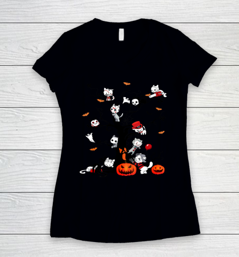 Halloween Horror Movies Cat Funny Scary Halloween Costume Women's V-Neck T-Shirt