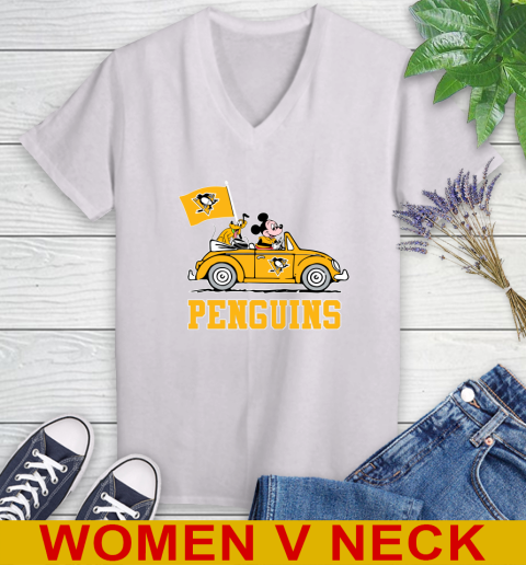 NHL Hockey Pittsburgh Penguins Pluto Mickey Driving Disney Shirt Women's V-Neck T-Shirt